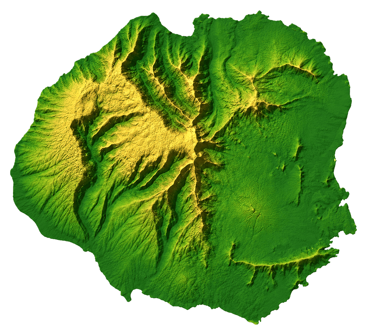 Kauai elevation map showing mountains, valleys and coastline